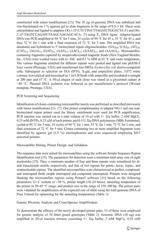 constructed with minor modifications [25]. The 10 μg of genomic DNA was nebulized and
size-fractionated on 1 % agarose gel to elute fragments in the range of 0.5–1 kb. These were
end-polished and ligated to adaptors OG-1 (5′-CTCTTGCTTAGATCTGGACTA-3′) and OG-
2 (5′-TAGTCCAGATCTAAGCAAGAGCACA- 3′) using T4 DNA ligase. Adaptor-ligated
DNA was PCR-amplified at 94 °C for 5 min, 35 cycles of 94 °C for 45 s, 55 °C for 45 s, and
then 72 °C for 1 min with a final extension of 72 °C for 5 min. The amplified DNA was
denatured and hybridized to 5’-biotinylated repeat oligonucleotides: (GA)20, (CA)20, (AT)20,
(CAT)15, (AGA)15, (GAT)15, (AAT)15, (AAC)15, (AAAT)15, and (AAAG)15. Microsatellite-
containing fragments captured by streptavidin-coated magnetic beads (New England Biolabs,
Inc., USA) were washed twice with 6× SSC and 0.1 % SDS at 65 °C and room temperature.
The various fragments enriched for different repeats were pooled and ligated into pGEM-T
Easy vector (Promega, USA) and transformed into DH5α Escherichia coli electro-competent
cells. Subsequent to selection on IXA (IPTG, X-gal, and ampicillin) plates, 3,072 white
colonies were picked and inoculated in 1 ml LB broth with ampicillin and incubated overnight
at 200 rpm and 37 °C. A 50-μl aliquot of each clone was stored as a glycerated culture at
−80 °C. Plasmid DNA isolation was followed as per manufacturer’s protocol (Wizard
miniprep, Promega, USA).
PCR Screening and Sequencing
Identification of clones containing microsatellite inserts was performed as described previously
with minor modifications [26, 27]. One primer complementary to adaptor OG-1 and one non-
biotinylated repeat primer used for library enrichment were used for PCR amplification.
PCR reaction was carried out in a total volume of 10 μl with 1× Taq buffer, 2 mM MgCl2,
0.25 mM dNTPs, 0.25 μM of each primer, and 0.5 U Taq DNA polymerase (MBI, Fermentas),
cycled at 94 °C for 5 min, 35 cycles of 94 °C for 1 min, 55 °C for 1 min, 72 °C for 1 min, and
final extension of 72 °C for 5 min. Clones containing two or more amplified fragments were
identified by agarose gel (1.5 %) electrophoresis and were sequenced employing M13
universal primers.
Microsatellite Mining, Primer Design, and Validation
The sequence data were mined for microsatellites using the software Simple Sequence Repeat
Identification tool [28]. The parameters for detection were a minimum total array size of eight
nucleotides [29]. Thus, a minimum number of four and three repeats were considered for di-
and trinucleotide motifs, respectively, and that of two repeats for penta-, hexa-, hepta-, and
octanucleotide repeats. The identified microsatellites were characterized as perfect, compound,
and interrupted (both simple interrupted and compound interrupted). Primers were designed
flanking the microsatellite regions using Primer3 software [30] based on the following
parameters: G+C content of ∼50 %, primer length (18–24 bases), annealing temperature of
the primer in 50–65 °C range, and product size in the range of 150–300 bp. The primer pairs
were validated for amplification of the expected size of allele using the total genomic DNA of
Pusa Vishesh by optimizing for the annealing temperatures (Table 1).
Genetic Diversity Analysis and Cross-Species Amplification
To demonstrate the efficacy of the newly developed primer pairs, 51 of these were employed
for genetic analysis of 54 bitter gourd genotypes (Table 2). Genomic DNA (10 ng) was
amplified in 20-μl reaction mixture consisting 1× Taq buffer, 2 mM MgCl2, 0.25 mM
Appl Biochem Biotechnol
 