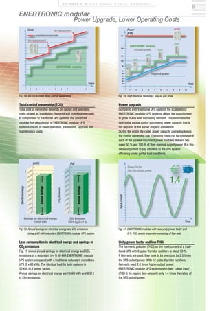 6
B E N N I N G W o r l d C l a s s P o w e r S o l u t i o n s
2x20
3x20
4x20
5x20
6x20
2x100
ENERTRONIC modular
ENERTRONIC modular
1,4
Annualsavings
Annualsavings
= maintenance costs
fan replacement
fan replacement
installed power
CO2 Emission
8510 kg (8.51 t)
Savings on electrical energy
16556 kWh
Power Factor
Gen-Set output power
required power
ENERTRONIC modular
Power Upgrade, Lower Operating Costs
Fig. 14: life cycle costs (total cost of ownership)
Total cost of ownership (TCO)
Total cost of ownership depends on capital and operating
costs as well as installation, footprint and maintenance costs.
In comparison to traditional UPS systems the advanced
modular hot-plug design of ENERTRONIC modular UPS
systems results in lower operation, installation, upgrade and
maintenance costs.
Less consumption in electrical energy and savings in
CO2 emissions
Fig. 15 shows annual savings on electrical energy and CO2
emissions of a redundant (n+1) 60 kVA ENERTRONIC modular
UPS system compared with a traditional redundant monoblock
UPS (2 x 60 kVA). The identical load for both systems is
50 kVA (0.8 power factor).
Annual savings on electrical energy are 16560 kWh and 8.51t
of CO2 emissions.
Fig. 16: High financial flexibility - pay as you grow
Power upgrade
Compared with traditional UPS systems the scalability of
ENERTRONIC modular UPS systems allows the output power
to grow in-line with increasing demand. This eliminates the
high initial capital cost of purchasing power capacity that is
not required at the earlier stage of installation.
During the entire life-cycle, power capacity upgrading keeps
the cost of ownership low. Operating costs can be optimised if
each of the parallel redundant power modules delivers bet-
ween 50 % and 100 % of their nominal output power. It is the-
refore important to pay attention to the UPS system
efficiency under partial load conditions.
Unity power factor and low THDi
The harmonic pollution (THDi) on the input current of a tradi-
tional UPS with 6-pulse thyristor rectifiers is about 33 %.
If Gen-sets are used, they have to be oversized by 2.5 times
the UPS output power. With 12-pulse thyristor rectifiers
Gen-sets need 2.0 times higher output power.
ENERTRONIC modular UPS systems with their „clean input“
(THDi 5 %) require Gen-sets with only 1.4 times the rating of
the UPS output power.
Fig. 15: Annual savings on electrical energy and CO2 emissions
Using a 60 kVA redundant ENERTRONIC modular UPS system
Fig. 17: ENERTRONIC modular with near unity power factor and
5 % THDi avoids expensive oversizing of Gen-sets
[kVA]
Power
Inputcurrent
Electricalenergy
CO2Emission
Years
[kWh] [kg]
Time
Costs
Years
 