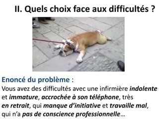 II. Quels choix face aux difficultés ?
Enoncé du problème :
Vous avez des difficultés avec une infirmière indolente
et immature, accrochée à son téléphone, très
en retrait, qui manque d’initiative et travaille mal,
qui n’a pas de conscience professionnelle…
 