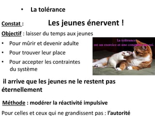 il arrive que les jeunes ne le restent pas
éternellement
• La tolérance
Constat : Les jeunes énervent !
Objectif : laisser du temps aux jeunes
• Pour mûrir et devenir adulte
• Pour trouver leur place
• Pour accepter les contraintes
du système
Pour celles et ceux qui ne grandissent pas : l’autorité
Méthode : modérer la réactivité impulsive
 