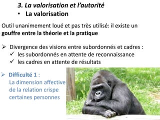 3. La valorisation et l’autorité
• La valorisation
Outil unanimement loué et pas très utilisé: il existe un
gouffre entre la théorie et la pratique
 Divergence des visions entre subordonnés et cadres :
 les subordonnés en attente de reconnaissance
 les cadres en attente de résultats
 Difficulté 1 :
La dimension affective
de la relation crispe
certaines personnes
 