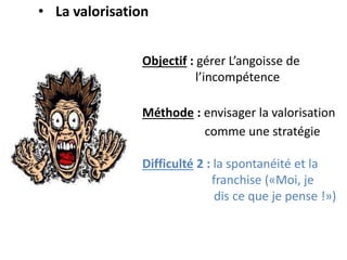 Objectif : gérer L’angoisse de
l’incompétence
Méthode : envisager la valorisation
comme une stratégie
Difficulté 2 : la spontanéité et la
franchise («Moi, je
dis ce que je pense !»)
• La valorisation
 