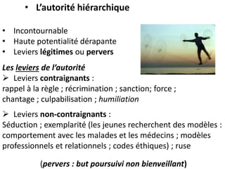 • Incontournable
• Haute potentialité dérapante
• Leviers légitimes ou pervers
Les leviers de l’autorité
 Leviers contraignants :
rappel à la règle ; récrimination ; sanction; force ;
chantage ; culpabilisation ; humiliation
• L’autorité hiérarchique
 Leviers non-contraignants :
Séduction ; exemplarité (les jeunes recherchent des modèles :
comportement avec les malades et les médecins ; modèles
professionnels et relationnels ; codes éthiques) ; ruse
(pervers : but poursuivi non bienveillant)
 