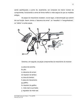 ____________________________________________________________________________________________________
José Luiz Ferreira dos Santos- 1ºTen QOPM
Instrutor do CFAP
12
sendo aperfeiçoado, a ponto de, atualmente, ser composto de menor número de
componentes, funcionando a arma de forma melhor e mais segura do que os modelos
antigos.
As peças do mecanismo recebem, via de regra, a denominação que advém
de sua função. Assim, temos a alavanca de armar , os ressaltos e mergulhadores ,
os reténs e outras peças.
Veremos, em seguida, as peças componentes do mecanismo do revolver:
a. placa da coronha;
b. ção;
c. alavanca de armar;
d. impulsor do tambor;
e. trava do tambor;
f. placa do mecanismo;
g. gatilho;
h. impulsor do gatilho;
i. mola real e sua haste;
j. regulador da mola real.
 
