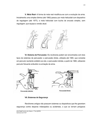 ____________________________________________________________________________________________________
José Luiz Ferreira dos Santos- 1ºTen QOPM
Instrutor do CFAP
13
V. Mola Real- A forma da mola real modificou-se com a evolução da arma.
Inicialmente uma simples lâmina (até 1960) passou por mola helicoidal com dispositivo
de regulagem (até 1977), e mola helicoidal com bucha de encosto simples, sem
regulagem, que equipa a versão atual.
VI. Sistema de Percussão- Os revólveres podem ser encontrados com dois
tipos de sistemas de percussão: a percussão direta, utilizada até 1980, que consistia
em percutor oscilante solidário ao cão, e percussão indireta, a partir de 1980, utilizando
percutor flutuante embutido na armação da arma.
VII. Sistemas de Segurança
Revólveres antigos não possuem sistemas ou dispositivos que lhe garantam
segurança contra disparos indesejados ou acidentais, o que os tornam perigosos
 