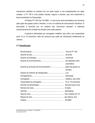 ____________________________________________________________________________________________________
José Luiz Ferreira dos Santos- 1ºTen QOPM
Instrutor do CFAP
30
mecanismo trabalha no primeiro tiro em ação dupla, e nos subseqüentes em ação
simples, a PT 100 é uma pistola robusta, segura e precisa, que vem preencher a
lacuna existente na Corporação.
A Pistola PT-100 Cal .40 S&W , é uma arma semi-automática que funciona
pela ação dos gases sobre o ferrolho, e com um sistema de trancamento mecânico. A
percussão é exercida por um sistema tipo "percussor lançado", e depende
exclusivamente da vontade do atirador para cada disparo.
A pistola é alimentada por carregador metálico, tipo cofre, com capacidade
para 12 ou 10 cartuchos, além do cartucho que pode ser introduzido diretamente na
câmara.
4.7 Classificação
Nomenclatura.................................................................... Taurus PT 100
Quanto ao tipo................................................................... de porte
Quanto ao emprego........................................................... individual
Quanto ao funcionamento.................................................. de repetição semi-
automática
Quanto ao princípio de funcionamento.............................. ação dos gases no
ferrolho
Quanto ao sistema de refrigeração................................... a ar
Carregamento................................................................... retrocarga
Carregador........................................................................ metálico, tipo cofre
Capacidade do carregador............................................... 12 ou 10 cartuchos
Sentido da alimentação.................................................... de baixo para cima
Número de raias............................................................... 6 (seis)
Sentido............................................................................. dextrógiras
Alça de mira..................................................................... fixa, entalhe em "U"
Massa de mira................................................................. tipo lâmina, fixa
Calibre............................................................................. .40 S&W
 
