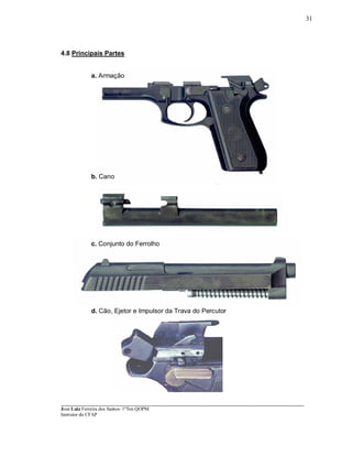 ____________________________________________________________________________________________________
José Luiz Ferreira dos Santos- 1ºTen QOPM
Instrutor do CFAP
31
4.8 Principais Partes
a. Armação
b. Cano
c. Conjunto do Ferrolho
d. Cão, Ejetor e Impulsor da Trava do Percutor
 