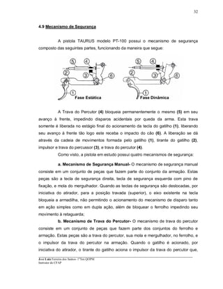 ____________________________________________________________________________________________________
José Luiz Ferreira dos Santos- 1ºTen QOPM
Instrutor do CFAP
32
4.9 Mecanismo de Segurança
A pistola TAURUS modelo PT-100 possui o mecanismo de segurança
composto das seguintes partes, funcionando da maneira que segue:
Fase Estática Fase Dinâmica
A Trava do Percutor (4) bloqueia permanentemente o mesmo (5) em seu
avanço à frente, impedindo disparos acidentais por queda da arma. Esta trava
somente é liberada no estágio final do acionamento da tecla do gatilho (1), liberando
seu avanço à frente tão logo este receba o impacto do cão (6). A liberação se dá
através da cadeia de movimentos formada pelo gatilho (1), tirante do gatilho (2),
impulsor e trava do percussor (3), e trava do percutor (4).
Como visto, a pistola em estudo possui quatro mecanismos de segurança:
a. Mecanismo de Segurança Manual- O mecanismo de segurança manual
consiste em um conjunto de peças que fazem parte do conjunto da armação. Estas
peças são a tecla de segurança direita, tecla de segurança esquerda com pino de
fixação, e mola do mergulhador. Quando as teclas de segurança são deslocadas, por
iniciativa do atirador, para a posição travada (superior), o eixo existente na tecla
bloqueia a armadilha, não permitindo o acionamento do mecanismo de disparo tanto
em ação simples como em dupla ação, além de bloquear o ferrolho impedindo seu
movimento à retaguarda;
b. Mecanismo de Trava do Percutor- O mecanismo de trava do percutor
consiste em um conjunto de peças que fazem parte dos conjuntos do ferrolho e
armação. Estas peças são a trava do percutor, sua mola e mergulhador, no ferrolho, e
o impulsor da trava do percutor na armação. Quando o gatilho é acionado, por
iniciativa do atirador, o tirante do gatilho aciona o impulsor da trava do percutor que,
 