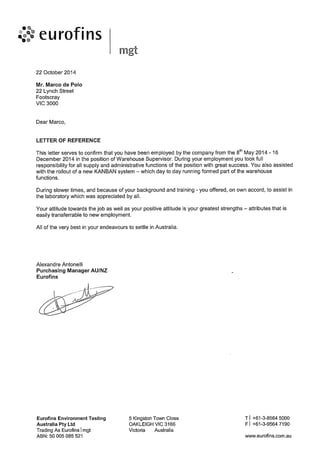 Letter of Reference of Eurofins (supply manager)