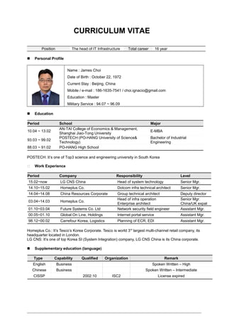  Personal Profile
Name : James Choi
Date of Birth : October 22, 1972
Current Stay : Beijing, China
Mobile / e-mail : 186-1635-7541 / choi.ignacio@gmail.com
Education : Master
Military Service : 94.07 ~ 96.09
 Education
Period School Major
10.04 ~ 13.02
AN-TAI College of Economics & Management,
Shanghai Jiao-Tong University
E-MBA
93.03 ~ 99.02
POSTECH (PO-HANG University of Science&
Technology)
Bachelor of Industrial
Engineering
88.03 ~ 91.02 PO-HANG High School
POSTECH: It’s one of Top3 science and engineering university in South Korea
 Work Experience
Period Company Responsibility Level
15.02~now LG CNS China Head of system technology Senior Mgr.
14.10~15.02 Homeplus Co. Dotcom infra technical architect Senior Mgr.
14.04~14.08 China Resources Corporate Group technical architect Deputy director
03.04~14.03 Homeplus Co.
Head of infra operation
Enterprise architect
Senior Mgr.
China/UK expat
01.10~03.04 Future Systems Co. Ltd Network security field engineer Assistant Mgr.
00.05~01.10 Global On Line, Holdings Internet portal service Assistant Mgr.
98.12~00.02 Carrefour Korea, Logistics Planning of ECR, EDI Assistant Mgr.
Homeplus Co.: It’s Tesco’s Korea Corporate. Tesco is world 3rd
largest multi-channel retail company, its
headquarter located in London.
LG CNS: It’s one of top Korea SI (System Integration) company, LG CNS China is its China corporate.
 Supplementary education (language)
Type Capability Qualified Organization Remark
English Business Spoken Written – High
Chinese Business Spoken Written – Intermediate
CISSP 2002.10 ISC2 License expired
Position The head of IT Infrastructure Total career 16 year
CURRICULUM VITAE
 