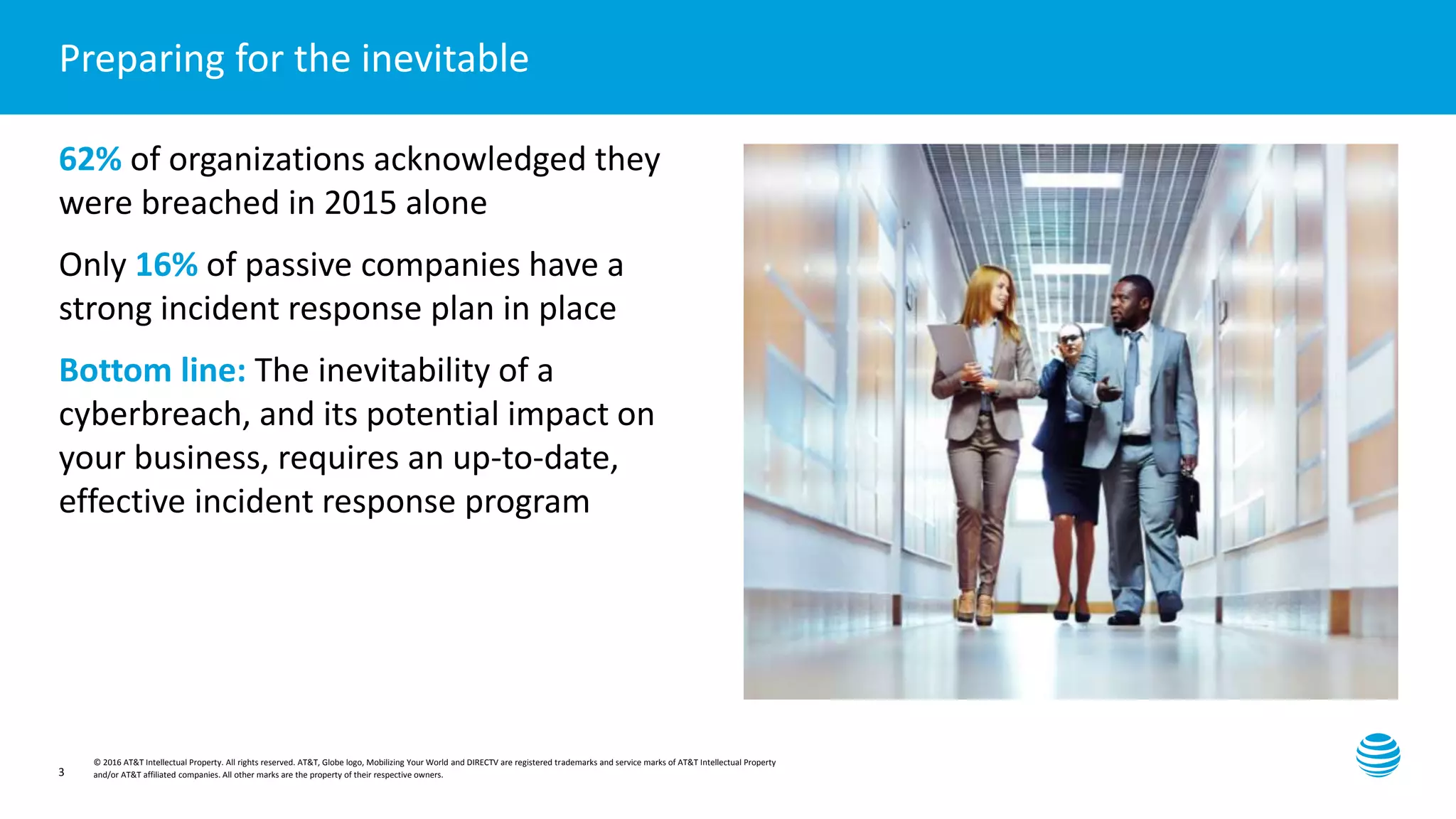 Presentation title here—edit on Slide Master
© 2016 AT&T Intellectual Property. All rights reserved. AT&T, Globe logo, Mobilizing Your World and DIRECTV are registered trademarks and service marks of AT&T Intellectual Property
and/or AT&T affiliated companies. All other marks are the property of their respective owners.3
Preparing for the inevitable
62% of organizations acknowledged they
were breached in 2015 alone
Only 16% of passive companies have a
strong incident response plan in place
Bottom line: The inevitability of a
cyberbreach, and its potential impact on
your business, requires an up-to-date,
effective incident response program
 