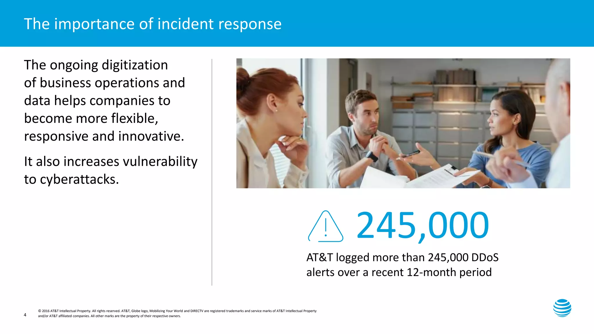 Presentation title here—edit on Slide Master
© 2016 AT&T Intellectual Property. All rights reserved. AT&T, Globe logo, Mobilizing Your World and DIRECTV are registered trademarks and service marks of AT&T Intellectual Property
and/or AT&T affiliated companies. All other marks are the property of their respective owners.4
The importance of incident response
The ongoing digitization
of business operations and
data helps companies to
become more flexible,
responsive and innovative.
It also increases vulnerability
to cyberattacks.
245,000
AT&T logged more than 245,000 DDoS
alerts over a recent 12-month period
 