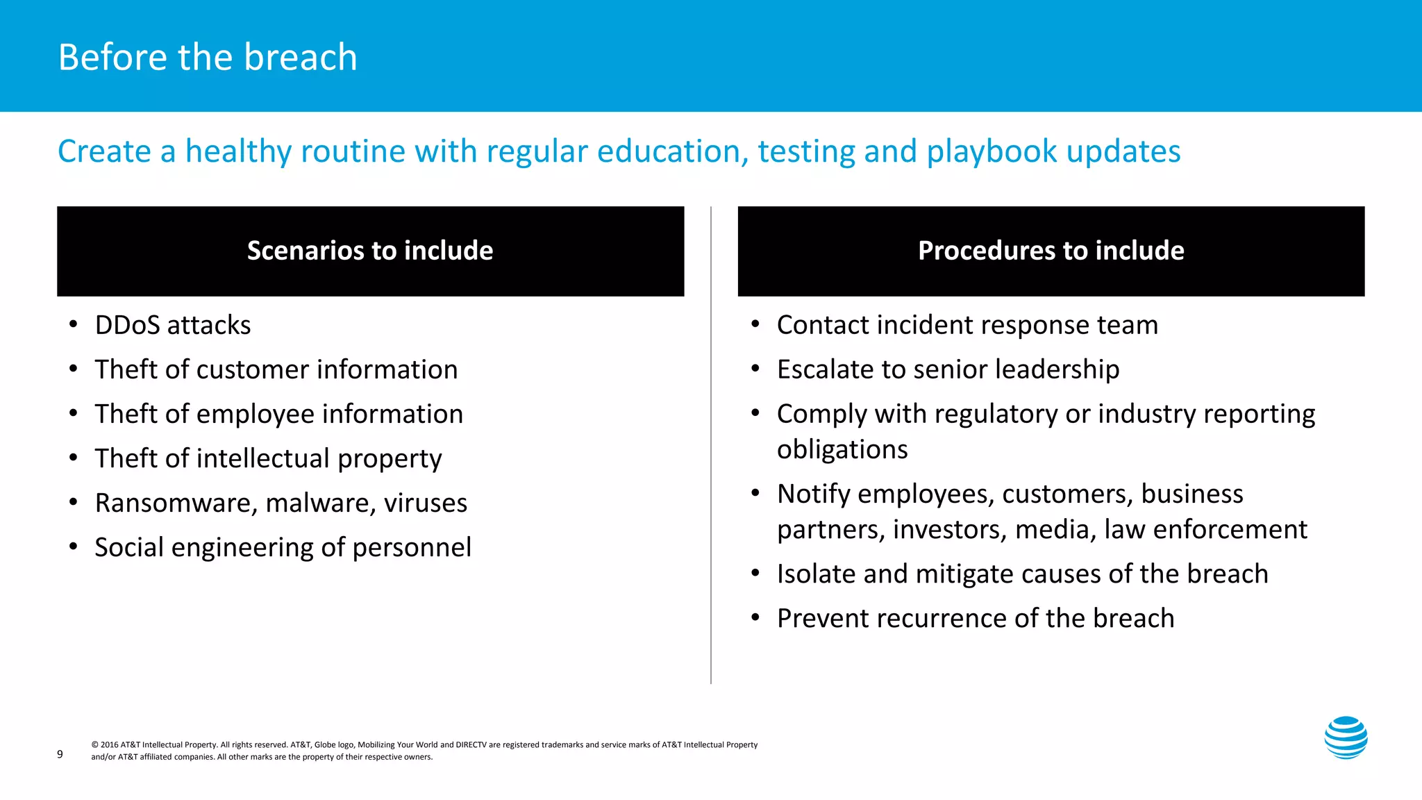 Presentation title here—edit on Slide Master
© 2016 AT&T Intellectual Property. All rights reserved. AT&T, Globe logo, Mobilizing Your World and DIRECTV are registered trademarks and service marks of AT&T Intellectual Property
and/or AT&T affiliated companies. All other marks are the property of their respective owners.9
Scenarios to include Procedures to include
• DDoS attacks
• Theft of customer information
• Theft of employee information
• Theft of intellectual property
• Ransomware, malware, viruses
• Social engineering of personnel
• Contact incident response team
• Escalate to senior leadership
• Comply with regulatory or industry reporting
obligations
• Notify employees, customers, business
partners, investors, media, law enforcement
• Isolate and mitigate causes of the breach
• Prevent recurrence of the breach
Before the breach
Create a healthy routine with regular education, testing and playbook updates
 