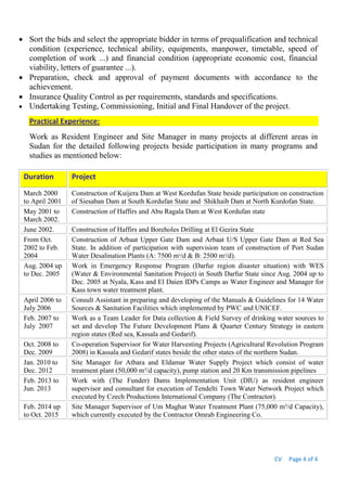CV Page 4 of 4
 Sort the bids and select the appropriate bidder in terms of prequalification and technical
condition (experience, technical ability, equipments, manpower, timetable, speed of
completion of work ...) and financial condition (appropriate economic cost, financial
viability, letters of guarantee ...).
 Preparation, check and approval of payment documents with accordance to the
achievement.
 Insurance Quality Control as per requirements, standards and specifications.
 Undertaking Testing, Commissioning, Initial and Final Handover of the project.
Practical Experience:
Work as Resident Engineer and Site Manager in many projects at different areas in
Sudan for the detailed following projects beside participation in many programs and
studies as mentioned below:
Duration Project
March 2000
to April 2001
Construction of Kuijera Dam at West Kordufan State beside participation on construction
of Siesaban Dam at South Kordufan State and Shikhaib Dam at North Kurdofan State.
May 2001 to
March 2002.
Construction of Haffirs and Abu Ragala Dam at West Kordufan state
June 2002. Construction of Haffirs and Boreholes Drilling at El Gezira State
From Oct.
2002 to Feb.
2004
Construction of Arbaat Upper Gate Dam and Arbaat U/S Upper Gate Dam at Red Sea
State. In addition of participation with supervision team of construction of Port Sudan
Water Desalination Plants (A: 7500 mᶟ/d & B: 2500 mᶟ/d).
Aug. 2004 up
to Dec. 2005
Work in Emergency Response Program (Darfur region disaster situation) with WES
(Water & Environmental Sanitation Project) in South Darfur State since Aug. 2004 up to
Dec. 2005 at Nyala, Kass and El Daien IDPs Camps as Water Engineer and Manager for
Kass town water treatment plant.
April 2006 to
July 2006
Consult Assistant in preparing and developing of the Manuals & Guidelines for 14 Water
Sources & Sanitation Facilities which implemented by PWC and UNICEF.
Feb. 2007 to
July 2007
Work as a Team Leader for Data collection & Field Survey of drinking water sources to
set and develop The Future Development Plans & Quarter Century Strategy in eastern
region states (Red sea, Kassala and Gedarif).
Oct. 2008 to
Dec. 2009
Co-operation Supervisor for Water Harvesting Projects (Agricultural Revolution Program
2008) in Kassala and Gedarif states beside the other states of the northern Sudan.
Jan. 2010 to
Dec. 2012
Site Manager for Atbara and Eldamar Water Supply Project which consist of water
treatment plant (50,000 m³/d capacity), pump station and 20 Km transmission pipelines
Feb. 2013 to
Jun. 2013
Work with (The Funder) Dams Implementation Unit (DIU) as resident engineer
supervisor and consultant for execution of Tendelti Town Water Network Project which
executed by Czech Productions International Company (The Contractor).
Feb. 2014 up
to Oct. 2015
Site Manager Supervisor of Um Maghat Water Treatment Plant (75,000 m³/d Capacity),
which currently executed by the Contractor Omrab Engineering Co.
 