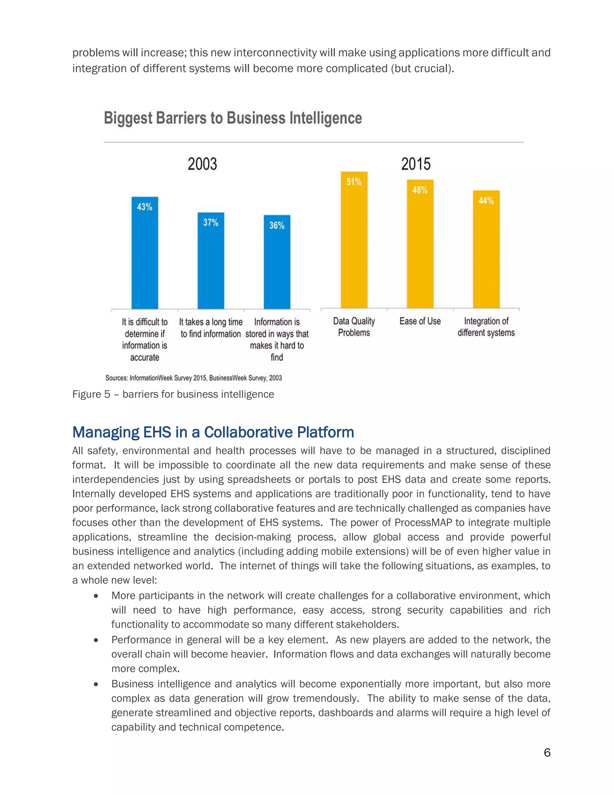 6
problems will increase; this new interconnectivity will make using applications more difficult and
integration of different systems will become more complicated (but crucial).
Figure 5 – barriers for business intelligence
Managing EHS in a Collaborative Platform
All safety, environmental and health processes will have to be managed in a structured, disciplined
format. It will be impossible to coordinate all the new data requirements and make sense of these
interdependencies just by using spreadsheets or portals to post EHS data and create some reports.
Internally developed EHS systems and applications are traditionally poor in functionality, tend to have
poor performance, lack strong collaborative features and are technically challenged as companies have
focuses other than the development of EHS systems. The power of ProcessMAP to integrate multiple
applications, streamline the decision-making process, allow global access and provide powerful
business intelligence and analytics (including adding mobile extensions) will be of even higher value in
an extended networked world. The internet of things will take the following situations, as examples, to
a whole new level:
 More participants in the network will create challenges for a collaborative environment, which
will need to have high performance, easy access, strong security capabilities and rich
functionality to accommodate so many different stakeholders.
 Performance in general will be a key element. As new players are added to the network, the
overall chain will become heavier. Information flows and data exchanges will naturally become
more complex.
 Business intelligence and analytics will become exponentially more important, but also more
complex as data generation will grow tremendously. The ability to make sense of the data,
generate streamlined and objective reports, dashboards and alarms will require a high level of
capability and technical competence.
 