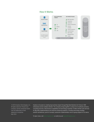 © 2016 Impetus Technologies, Inc.
All rights reserved. Product and
company names mentioned herein
may be trademarks of their
respective companies.
Mar 2016
Impetus is focused on creating big business impact through Big Data Solutions for Fortune 1000
enterprises across multiple verticals. The company brings together a unique mix of software products,
consulting services, Data Science capabilities and technology expertise. It offers full life-cycle services
for Big Data implementations and real-time streaming analytics, including technology strategy,
solution architecture, proof of concept, production implementation and on-going support to its clients.
To learn more, visit www.impetus.com or write to us at inquiry@impetus.com.
How It Works
Big Data Ecosystem
Streaming Source
Traditional RDBMS
From different physical
locations, in different
formats
RMF Segmentation
User Deﬁned Functions
Enterprise
DB Sink,
Generate
Actionable
Insights
Deduplication
Classiﬁcation
Blended Data Pipeline
Rich Transformation
Libraries
SQL
Mapping
HQL
JOIN
Cleanse and Standardize
Clustering
Correlation
Frequency Distribution
Group Distribution
Basic Proﬁling
Alphabetical Block
Soundex
RMF Segmentation
 
