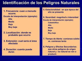 Identificación de los Peligros Naturales
5. Estacionalidad : en que época del
año se presenta
6. Severidad: magnitud e intensidad
Escala de interpretación (ejemplo):
- Catastrófico
- Alta
- Media
- Baja
- Muy baja
7. Tiempo de Alerta: comienzo súbito
vs. comienzo lento
8. Peligros y Efectos Secundarios:
que otros peligros de origen
natural y no natural se van a
producir.
1. Frecuencia: cuan a menudo
ocurre.
Escala de interpretación (ejemplo):
- Alta
- Media
- Baja
- Muy baja
2. Localización: donde es
probable que ocurra
3. Extensión: cual seria el área
afectada
4. Duración: cuanto puede
durar.
 