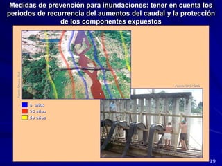 Medidas de prevención para inundaciones: tener en cuenta los
períodos de recurrencia del aumentos del caudal y la protección
de los componentes expuestos
19
Fuente: OPS / OMS
5 años
25 años
50 años
Fuente:
Grases,
José
 