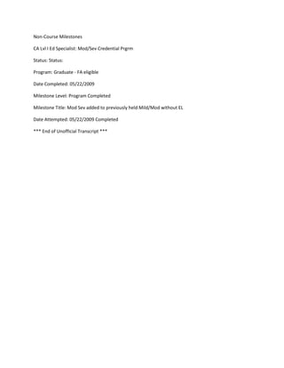 Non-Course Milestones
CA Lvl I Ed Specialist: Mod/Sev Credential Prgrm
Status: Status:
Program: Graduate - FA eligible
Date Completed: 05/22/2009
Milestone Level: Program Completed
Milestone Title: Mod Sev added to previously held Mild/Mod without EL
Date Attempted: 05/22/2009 Completed
*** End of Unofficial Transcript ***
 