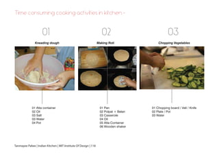 Time consuming cooking activities in kitchen -
01 02 03
01 Atta container
02 Oil
03 Salt
03 Water
04 Pot
01 Pan
02 Polpat + Belan
03 Casserole
04 Oil
05 Atta Container
06 Wooden shaker
01 Chopping board / Veli / Knife
02 Plate / Pot
03 Water
Kneading dough Making Roti Chopping Vegetables
Tanmayee Palwe | Indian Kitchen | MIT Institute Of Design | 118
 