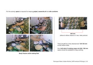 For this activity, space is required for keeping polpat, casserole,oil and atta container.
Body Posture while making Roti
Tanmayee Palwe | Indian Kitchen | MIT Institute Of Design | 123
440 mm
(elbow to elbow distance in max. relax posture)
There shoulld be a free cleareanceof 100-150 mm
at both elbow sides.
So,at left side of cooking range min.650 -700 mm
space should be available for easy working
 