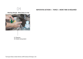 04
01 Cleaners
02 Utesils drying stand
Washing Utensils - Many times in a day
Tanmayee Palwe | Indian Kitchen | MIT Institute Of Design | 126
REPETATIVE ACTIONS + FORCE + MORE TIME IS REQUIRED
 