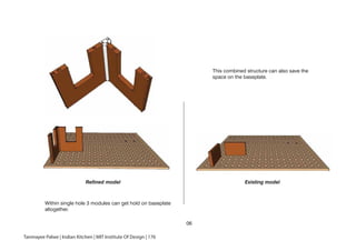 This combined structure can also save the
space on the baseplate.
Existing modelRefined model
Within single hole 3 modules can get hold on baseplate
altogether.
Tanmayee Palwe | Indian Kitchen | MIT Institute Of Design | 176
06
 