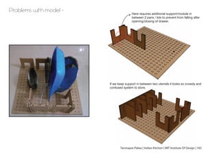 Problems with model -
Here requires additional support/module in
between 2 pans / lids to prevent from falling after
opening/closing of drawer.
If we keep support in between two utensils it looks so crowdy and
confused system to store.
Tanmayee Palwe | Indian Kitchen | MIT Institute Of Design | 183
 