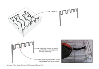 Profile 2
This profile is used for resting
pan handles in raised position
for easy accessing.
This depth is given,so that handle
get stuck and can not be moved.
Tanmayee Palwe | Indian Kitchen | MIT Institute Of Design | 190
 