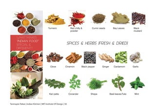 Turmeric Cumin seeds Bay Leaves Black
mustard
Red chilly &
powder
SPICES & HERBS (FRESH & DRIED)
WHAT MAKES
“INDIAN FOOD”
SPECIAL &
DIFFERENT?
GingerClove
Kari patta
Cinamon GarlicCardamomBlack pepper
Coriander Shepa Basil leaves/Tulsi Mint
Tanmayee Palwe | Indian Kitchen | MIT Institute Of Design | 50
 