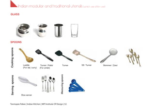 Indian modular and traditional utensils (which are still in use!)
Rice server
Laddle
(For dal, curry)
Turner / Palta’
(For omlet)
Skimmer / Zara’Turner SS Turner
CookingspoonsServingspoons
Measuringspoons
GLASS
SPOONS
Tanmayee Palwe | Indian Kitchen | MIT Institute Of Design | 52
 