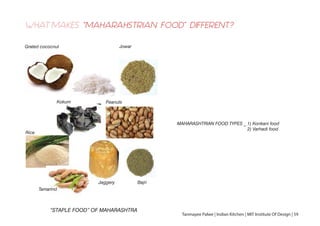 WHAT MAKES “MAHARAHSTRIAN FOOD” DIFFERENT?
MAHARASHTRIAN FOOD TYPES _ 1) Konkani food
2) Varhadi food
Grated cococnut
PeanutsKokum
Rice
Tamarind
Jaggery Bajri
Jowar
“STAPLE FOOD” OF MAHARASHTRA
Tanmayee Palwe | Indian Kitchen | MIT Institute Of Design | 59
 