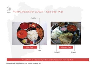 Rice
Solkadhi Chapati
Fish Thali Chicken Thali
Lunch MAHARASHTRIAN LUNCH - Non-Veg Thali
“COCONUT” is a Special ingredient of Maharashtrian Nonveg Thali.
Fried fish
Tanmayee Palwe | Indian Kitchen | MIT Institute Of Design | 62
 