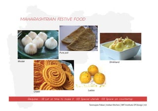 Modak
Chakli
Ladoo
Shrikhand
Pura poli
MAHARASHTRIAN FESTIVE FOOD
Requires - 01] Lot of time to make it 02) Special utensils 03] Space on countertop
Tanmayee Palwe | Indian Kitchen | MIT Institute Of Design | 63
 