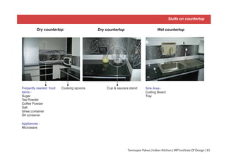 Stuffs on countertop
Dry countertop Dry countertop Wet countertop
Appliances -
Microwave
Cup & saucers standFreqently needed food
items -
Sugar
Tea Powder
Coffee Powder
Salt
Ghee container
Oil container
Cooking spoons Sink Area -
Cutting Board
Tray
Tanmayee Palwe | Indian Kitchen | MIT Institute Of Design | 83
 