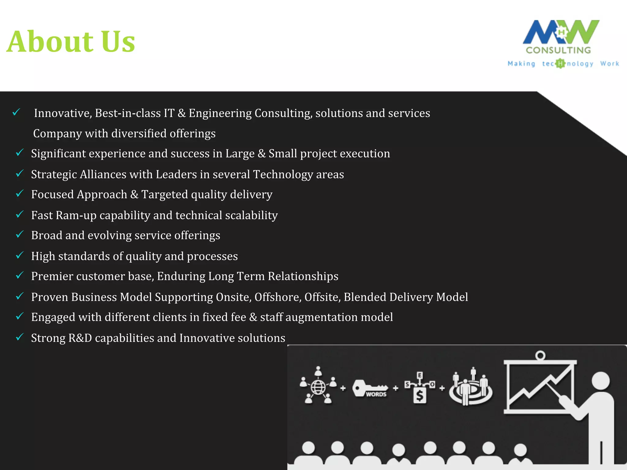 About	
  Us	
  
ü  	
  Innovative,	
  Best-­‐in-­‐class	
  IT	
  &	
  Engineering	
  Consulting,	
  solutions	
  and	
  services	
  	
  
	
  	
  	
  	
  	
  	
  	
  	
  Company	
  with	
  diversiFied	
  offerings	
  	
  
ü  SigniFicant	
  experience	
  and	
  success	
  in	
  Large	
  &	
  Small	
  project	
  execution	
  
ü  Strategic	
  Alliances	
  with	
  Leaders	
  in	
  several	
  Technology	
  areas	
  	
  	
  
ü  Focused	
  Approach	
  &	
  Targeted	
  quality	
  delivery	
  
ü  Fast	
  Ram-­‐up	
  capability	
  and	
  technical	
  scalability	
  
ü  Broad	
  and	
  evolving	
  service	
  offerings	
  
ü  High	
  standards	
  of	
  quality	
  and	
  processes	
  
ü  Premier	
  customer	
  base,	
  Enduring	
  Long	
  Term	
  Relationships	
  
ü  Proven	
  Business	
  Model	
  Supporting	
  Onsite,	
  Offshore,	
  Offsite,	
  Blended	
  Delivery	
  Model	
  
ü  Engaged	
  with	
  different	
  clients	
  in	
  Fixed	
  fee	
  &	
  staff	
  augmentation	
  model	
  
ü  Strong	
  R&D	
  capabilities	
  and	
  Innovative	
  solutions	
  
 