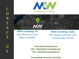 C	
  
O	
  
N	
  
T	
  
A	
  
C	
  
T	
  
	
  
U	
  
S	
  
CONSULTING
H
MHW	
  Consulting	
  -­‐	
  US	
  
9261	
  Blue	
  Spruce	
  Lane	
  
Niwot,	
  CO,	
  80503	
  
	
  
MHW	
  Consulting	
  –India	
  
507,	
  Wegmans	
  Business	
  Park	
  
G.	
  Noida,	
  India,	
  201308	
  
www.mhwconsulting.com	
  
CEO	
  -­‐	
  mhw@mhwconsulting.com	
  
CTO	
  -­‐	
  ak@mhwconsulting.com	
  
Soon	
  getting	
  renamed	
  as	
  XorLabs	
  
 