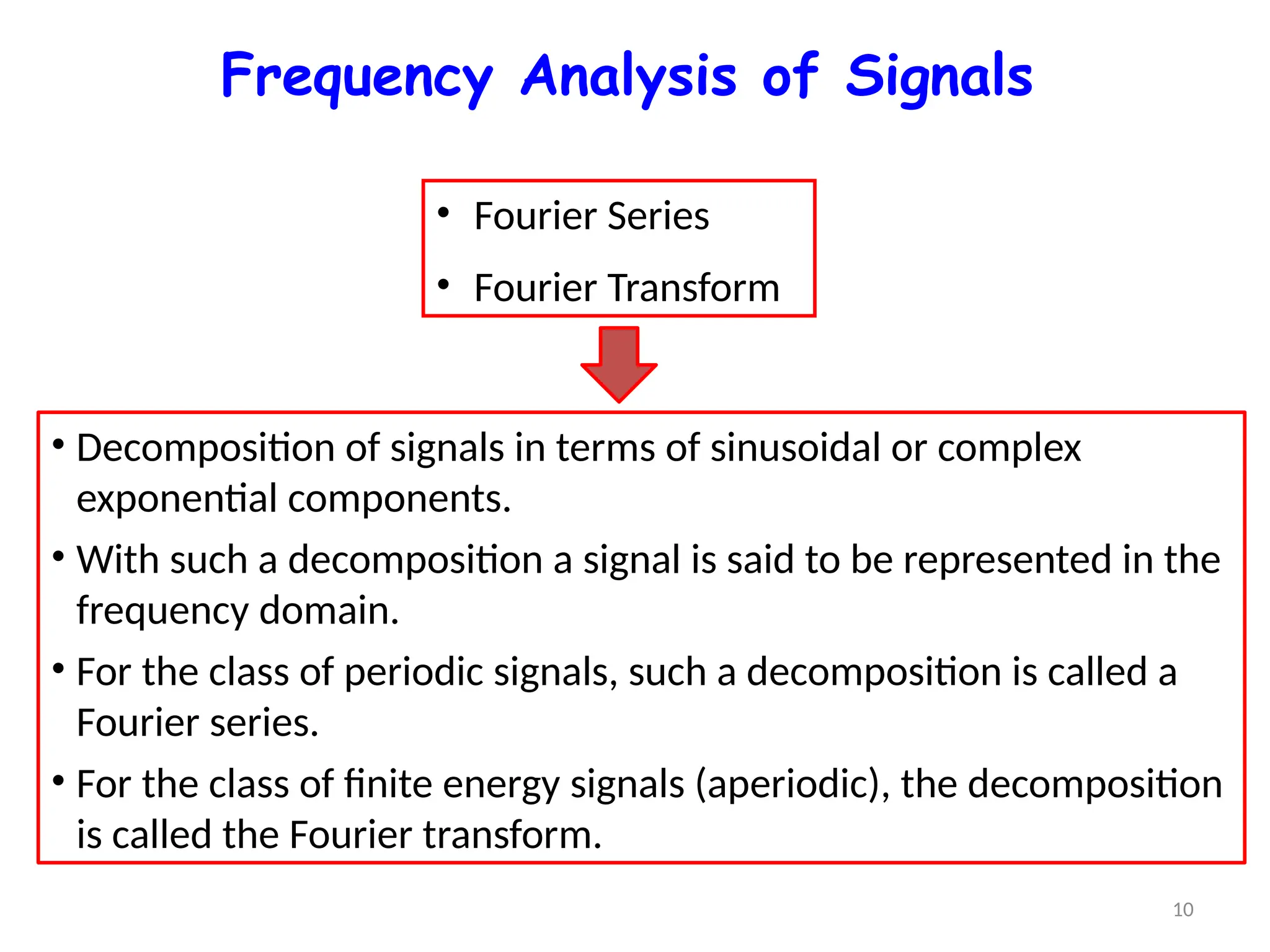 Frequency Analysis of Signals
• Fourier Series
• Fourier Transform
• Decomposition of signals in terms of sinusoidal or complex
exponential components.
• With such a decomposition a signal is said to be represented in the
frequency domain.
• For the class of periodic signals, such a decomposition is called a
Fourier series.
• For the class of finite energy signals (aperiodic), the decomposition
is called the Fourier transform.
10
 