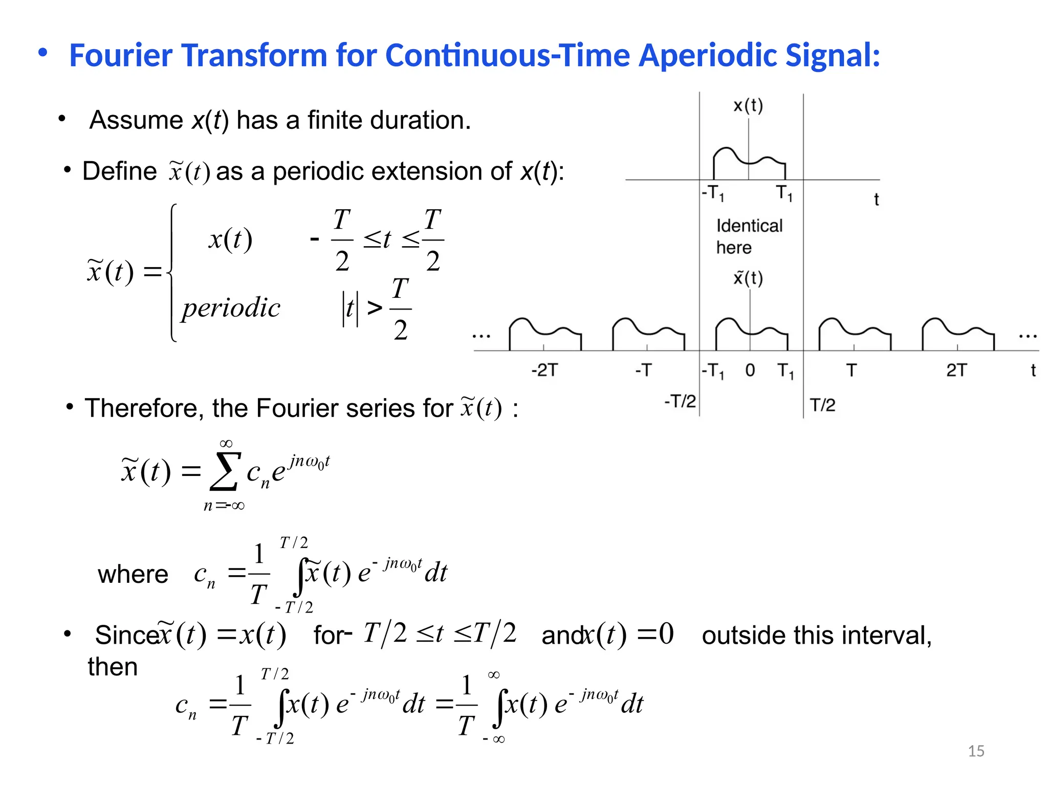 









2
2
2
)
(
)
(
~
T
t
periodic
T
t
T
t
x
t
x
• Define as a periodic extension of x(t):
)
(
~ t
x





n
t
jn
ne
c
t
x 0
)
(
~ 




2
/
2
/
0
)
(
~
1
T
T
t
jn
n dt
e
t
x
T
c 









 dt
e
t
x
T
dt
e
t
x
T
c t
jn
T
T
t
jn
n
0
0
)
(
1
)
(
1
2
/
2
/


• Fourier Transform for Continuous-Time Aperiodic Signal:
• Assume x(t) has a finite duration.
• Therefore, the Fourier series for :
)
(
~ t
x
where
• Since for and outside this interval,
then
)
(
)
(
~ t
x
t
x  2
2 T
t
T 

 0
)
( 
t
x
15
 
