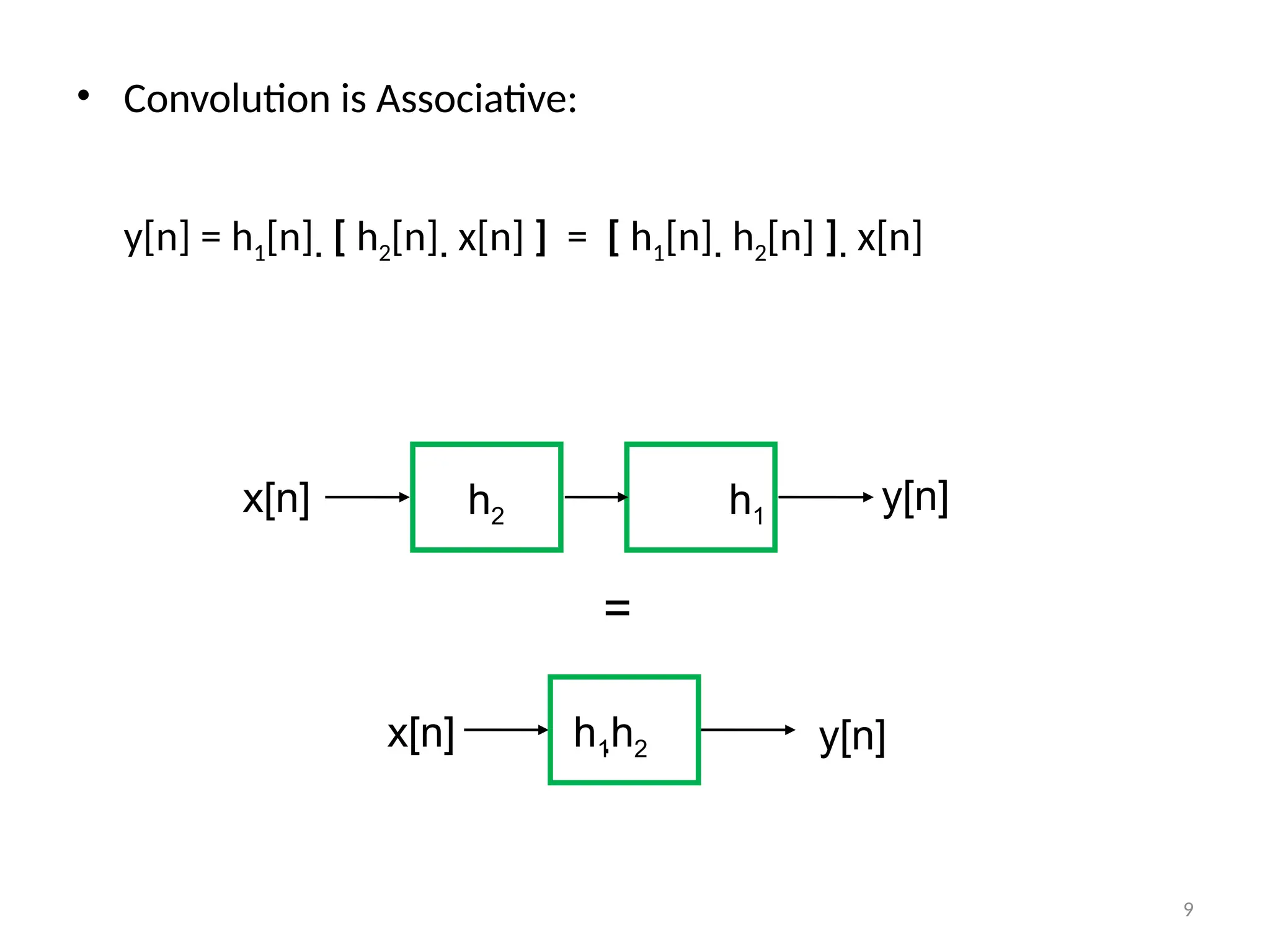• Convolution is Associative:
y[n] = h1[n]  [ h2[n]  x[n] ] = [ h1[n]  h2[n] ]  x[n]
h2
x[n] y[n]
h1h2
x[n] y[n]
h1
=
9
 