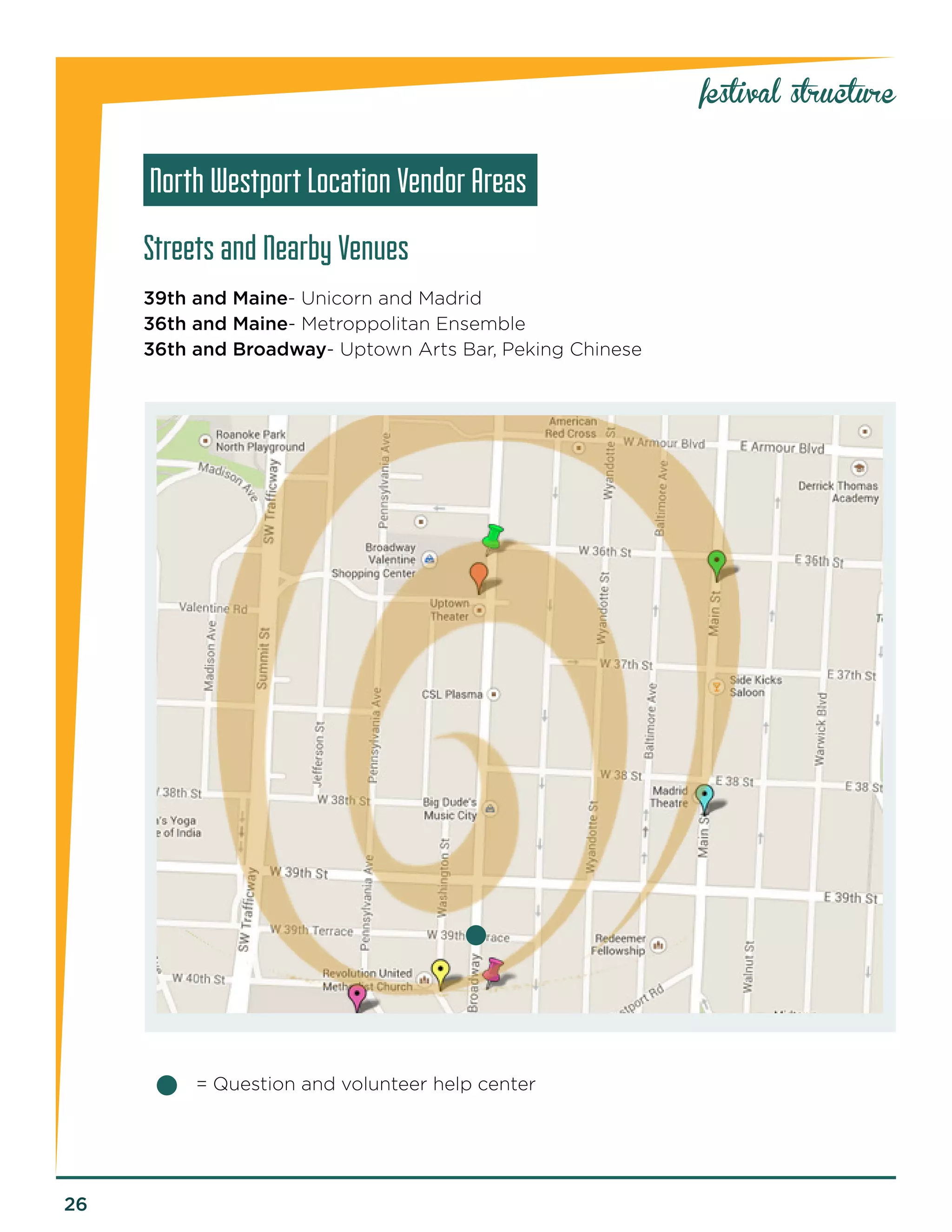 26 
festival structure 
North Westport Location Vendor Areas 
Streets and Nearby Venues 
39th and Maine- Unicorn and Madrid 
36th and Maine- Metroppolitan Ensemble 
36th and Broadway- Uptown Arts Bar, Peking Chinese 
= Question and volunteer help center 
 