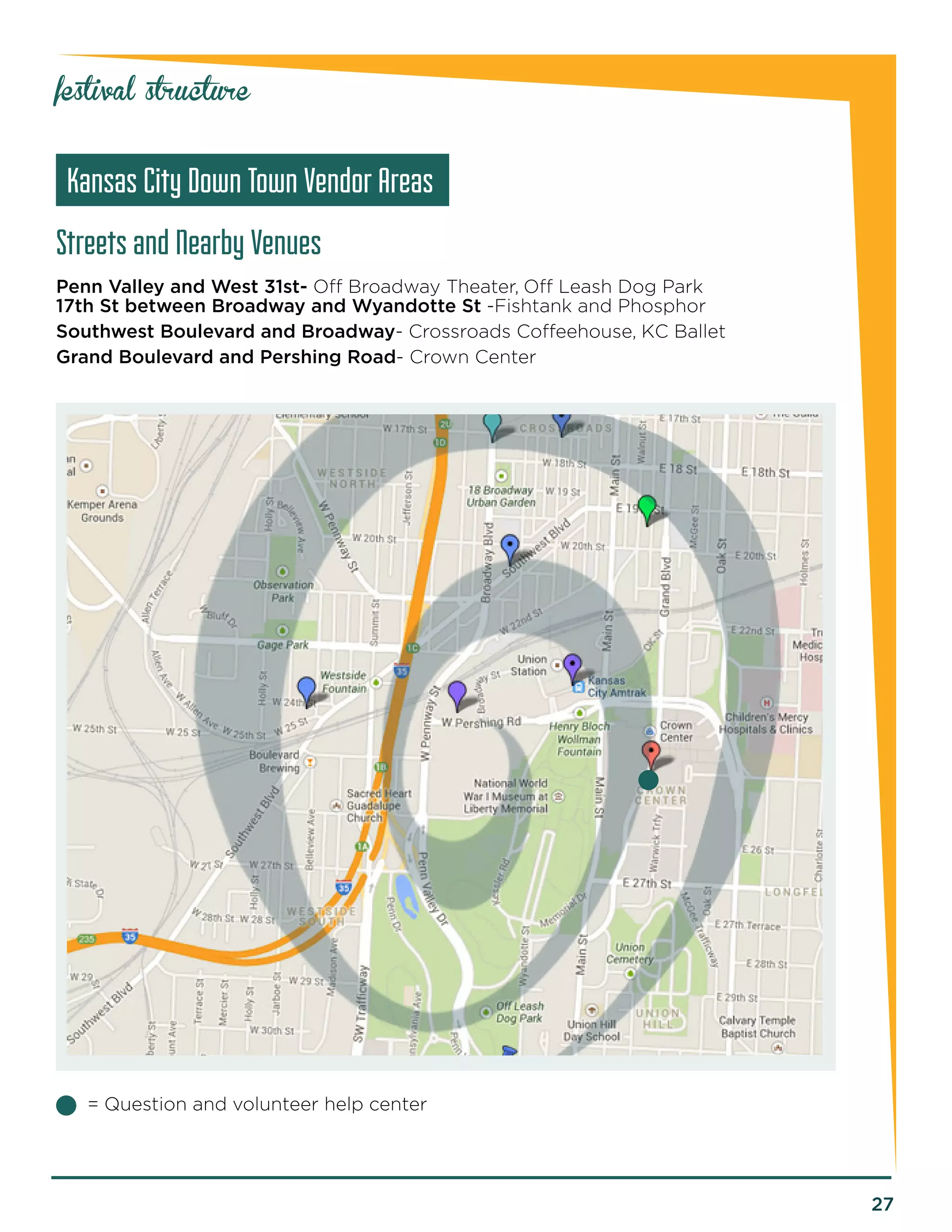 27 
Streets and Nearby Venues 
Penn Valley and West 31st- Off Broadway Theater, Off Leash Dog Park 
17th St between Broadway and Wyandotte St -Fishtank and Phosphor 
Southwest Boulevard and Broadway- Crossroads Coffeehouse, KC Ballet 
Grand Boulevard and Pershing Road- Crown Center 
Kansas City Down Town Vendor Areas 
festival structure 
= Question and volunteer help center 
 