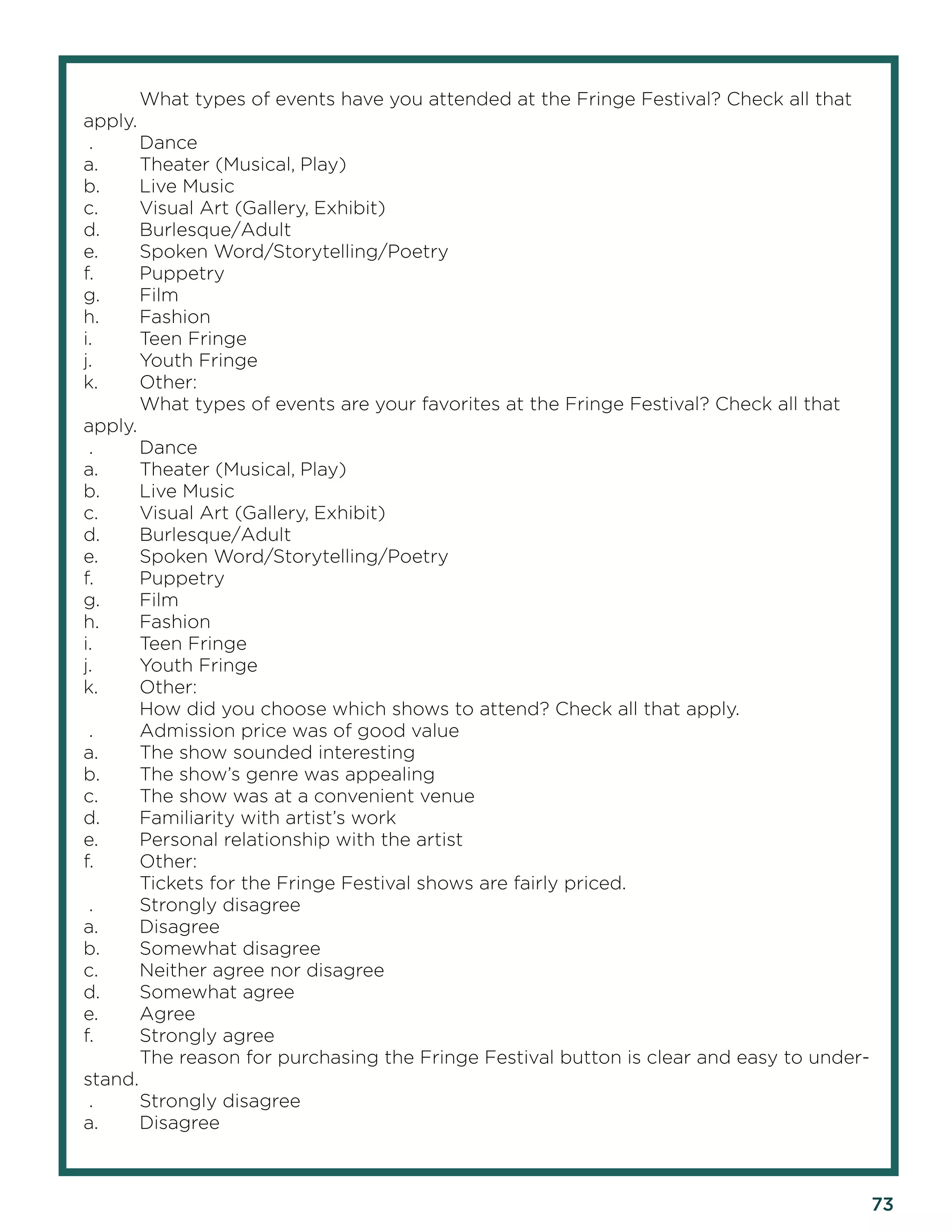 73 
What types of events have you attended at the Fringe Festival? Check all that apply. 
. Dance 
a. Theater (Musical, Play) 
b. Live Music 
c. Visual Art (Gallery, Exhibit) 
d. Burlesque/Adult 
e. Spoken Word/Storytelling/Poetry 
f. Puppetry 
g. Film 
h. Fashion 
i. Teen Fringe 
j. Youth Fringe 
k. Other: 
What types of events are your favorites at the Fringe Festival? Check all that apply. 
. Dance 
a. Theater (Musical, Play) 
b. Live Music 
c. Visual Art (Gallery, Exhibit) 
d. Burlesque/Adult 
e. Spoken Word/Storytelling/Poetry 
f. Puppetry 
g. Film 
h. Fashion 
i. Teen Fringe 
j. Youth Fringe 
k. Other: 
How did you choose which shows to attend? Check all that apply. 
. Admission price was of good value 
a. The show sounded interesting 
b. The show’s genre was appealing 
c. The show was at a convenient venue 
d. Familiarity with artist’s work 
e. Personal relationship with the artist 
f. Other: 
Tickets for the Fringe Festival shows are fairly priced. 
. Strongly disagree 
a. Disagree 
b. Somewhat disagree 
c. Neither agree nor disagree 
d. Somewhat agree 
e. Agree 
f. Strongly agree 
The reason for purchasing the Fringe Festival button is clear and easy to understand. 
. Strongly disagree 
a. Disagree  