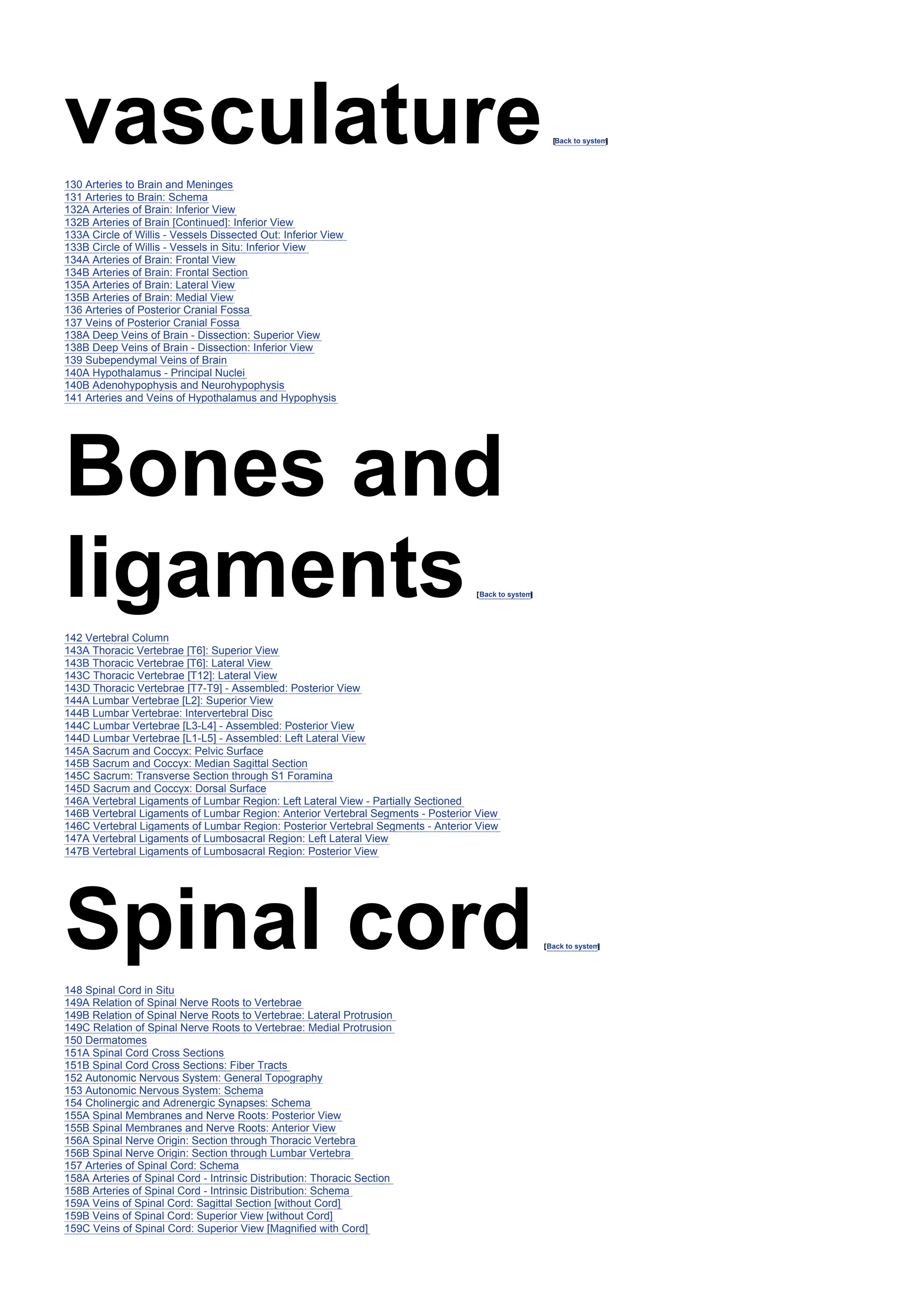 vasculature[Back to system
]
130 Arteries to Brain and Meninges
131 Arteries to Brain: Schema
132A Arteries of Brain: Inferior View
132B Arteries of Brain [Continued]: Inferior View
133A Circle of Willis - Vessels Dissected Out: Inferior View
133B Circle of Willis - Vessels in Situ: Inferior View
134A Arteries of Brain: Frontal View
134B Arteries of Brain: Frontal Section
135A Arteries of Brain: Lateral View
135B Arteries of Brain: Medial View
136 Arteries of Posterior Cranial Fossa
137 Veins of Posterior Cranial Fossa
138A Deep Veins of Brain - Dissection: Superior View
138B Deep Veins of Brain - Dissection: Inferior View
139 Subependymal Veins of Brain
140A Hypothalamus - Principal Nuclei
140B Adenohypophysis and Neurohypophysis
141 Arteries and Veins of Hypothalamus and Hypophysis
Bones and
ligaments[Back to system
]
142 Vertebral Column
143A Thoracic Vertebrae [T6]: Superior View
143B Thoracic Vertebrae [T6]: Lateral View
143C Thoracic Vertebrae [T12]: Lateral View
143D Thoracic Vertebrae [T7-T9] - Assembled: Posterior View
144A Lumbar Vertebrae [L2]: Superior View
144B Lumbar Vertebrae: Intervertebral Disc
144C Lumbar Vertebrae [L3-L4] - Assembled: Posterior View
144D Lumbar Vertebrae [L1-L5] - Assembled: Left Lateral View
145A Sacrum and Coccyx: Pelvic Surface
145B Sacrum and Coccyx: Median Sagittal Section
145C Sacrum: Transverse Section through S1 Foramina
145D Sacrum and Coccyx: Dorsal Surface
146A Vertebral Ligaments of Lumbar Region: Left Lateral View - Partially Sectioned
146B Vertebral Ligaments of Lumbar Region: Anterior Vertebral Segments - Posterior View
146C Vertebral Ligaments of Lumbar Region: Posterior Vertebral Segments - Anterior View
147A Vertebral Ligaments of Lumbosacral Region: Left Lateral View
147B Vertebral Ligaments of Lumbosacral Region: Posterior View
Spinal cord[Back to system
]
148 Spinal Cord in Situ
149A Relation of Spinal Nerve Roots to Vertebrae
149B Relation of Spinal Nerve Roots to Vertebrae: Lateral Protrusion
149C Relation of Spinal Nerve Roots to Vertebrae: Medial Protrusion
150 Dermatomes
151A Spinal Cord Cross Sections
151B Spinal Cord Cross Sections: Fiber Tracts
152 Autonomic Nervous System: General Topography
153 Autonomic Nervous System: Schema
154 Cholinergic and Adrenergic Synapses: Schema
155A Spinal Membranes and Nerve Roots: Posterior View
155B Spinal Membranes and Nerve Roots: Anterior View
156A Spinal Nerve Origin: Section through Thoracic Vertebra
156B Spinal Nerve Origin: Section through Lumbar Vertebra
157 Arteries of Spinal Cord: Schema
158A Arteries of Spinal Cord - Intrinsic Distribution: Thoracic Section
158B Arteries of Spinal Cord - Intrinsic Distribution: Schema
159A Veins of Spinal Cord: Sagittal Section [without Cord]
159B Veins of Spinal Cord: Superior View [without Cord]
159C Veins of Spinal Cord: Superior View [Magnified with Cord]
 