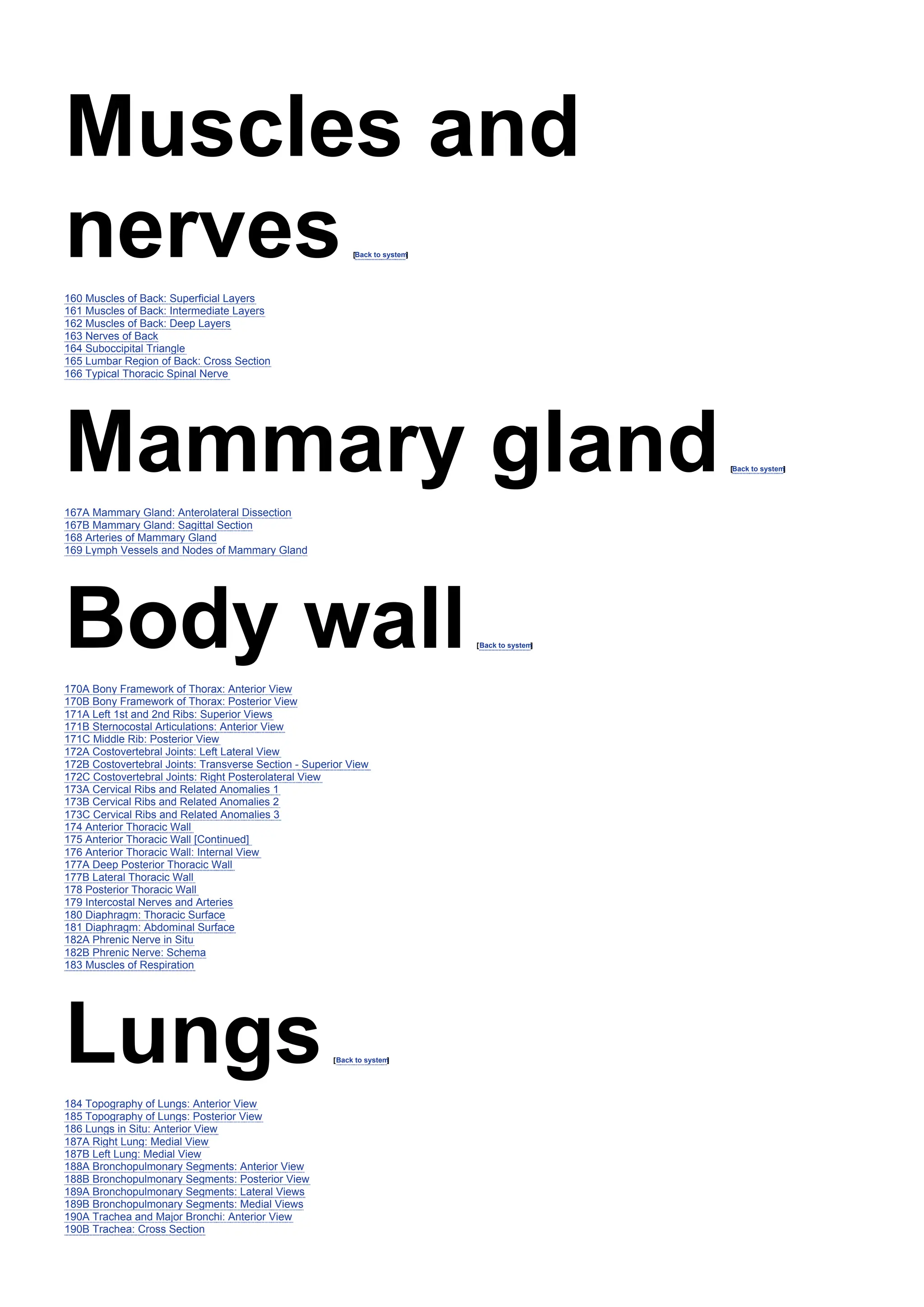 Muscles and
nerves[Back to system
]
160 Muscles of Back: Superficial Layers
161 Muscles of Back: Intermediate Layers
162 Muscles of Back: Deep Layers
163 Nerves of Back
164 Suboccipital Triangle
165 Lumbar Region of Back: Cross Section
166 Typical Thoracic Spinal Nerve
Mammary gland[Back to system
]
167A Mammary Gland: Anterolateral Dissection
167B Mammary Gland: Sagittal Section
168 Arteries of Mammary Gland
169 Lymph Vessels and Nodes of Mammary Gland
Body wall[Back to system
]
170A Bony Framework of Thorax: Anterior View
170B Bony Framework of Thorax: Posterior View
171A Left 1st and 2nd Ribs: Superior Views
171B Sternocostal Articulations: Anterior View
171C Middle Rib: Posterior View
172A Costovertebral Joints: Left Lateral View
172B Costovertebral Joints: Transverse Section - Superior View
172C Costovertebral Joints: Right Posterolateral View
173A Cervical Ribs and Related Anomalies 1
173B Cervical Ribs and Related Anomalies 2
173C Cervical Ribs and Related Anomalies 3
174 Anterior Thoracic Wall
175 Anterior Thoracic Wall [Continued]
176 Anterior Thoracic Wall: Internal View
177A Deep Posterior Thoracic Wall
177B Lateral Thoracic Wall
178 Posterior Thoracic Wall
179 Intercostal Nerves and Arteries
180 Diaphragm: Thoracic Surface
181 Diaphragm: Abdominal Surface
182A Phrenic Nerve in Situ
182B Phrenic Nerve: Schema
183 Muscles of Respiration
Lungs[Back to system
]
184 Topography of Lungs: Anterior View
185 Topography of Lungs: Posterior View
186 Lungs in Situ: Anterior View
187A Right Lung: Medial View
187B Left Lung: Medial View
188A Bronchopulmonary Segments: Anterior View
188B Bronchopulmonary Segments: Posterior View
189A Bronchopulmonary Segments: Lateral Views
189B Bronchopulmonary Segments: Medial Views
190A Trachea and Major Bronchi: Anterior View
190B Trachea: Cross Section
 