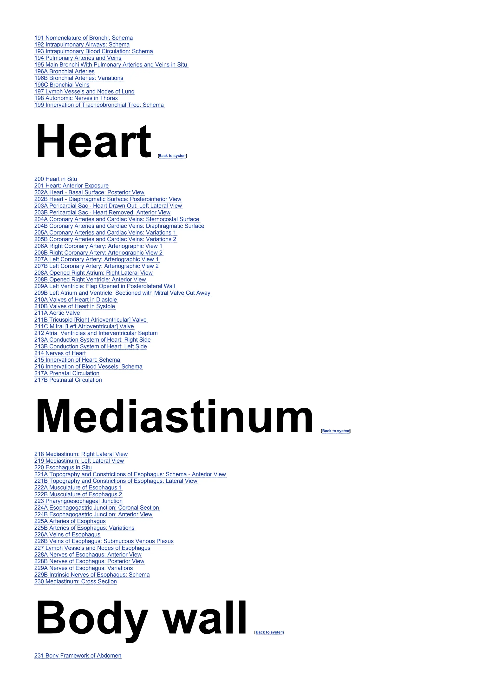 191 Nomenclature of Bronchi: Schema
192 Intrapulmonary Airways: Schema
193 Intrapulmonary Blood Circulation: Schema
194 Pulmonary Arteries and Veins
195 Main Bronchi With Pulmonary Arteries and Veins in Situ
196A Bronchial Arteries
196B Bronchial Arteries: Variations
196C Bronchial Veins
197 Lymph Vessels and Nodes of Lung
198 Autonomic Nerves in Thorax
199 Innervation of Tracheobronchial Tree: Schema
Heart[Back to system
]
200 Heart in Situ
201 Heart: Anterior Exposure
202A Heart - Basal Surface: Posterior View
202B Heart - Diaphragmatic Surface: Posteroinferior View
203A Pericardial Sac - Heart Drawn Out: Left Lateral View
203B Pericardial Sac - Heart Removed: Anterior View
204A Coronary Arteries and Cardiac Veins: Sternocostal Surface
204B Coronary Arteries and Cardiac Veins: Diaphragmatic Surface
205A Coronary Arteries and Cardiac Veins: Variations 1
205B Coronary Arteries and Cardiac Veins: Variations 2
206A Right Coronary Artery: Arteriographic View 1
206B Right Coronary Artery: Arteriographic View 2
207A Left Coronary Artery: Arteriographic View 1
207B Left Coronary Artery: Arteriographic View 2
208A Opened Right Atrium: Right Lateral View
208B Opened Right Ventricle: Anterior View
209A Left Ventricle: Flap Opened in Posterolateral Wall
209B Left Atrium and Ventricle: Sectioned with Mitral Valve Cut Away
210A Valves of Heart in Diastole
210B Valves of Heart in Systole
211A Aortic Valve
211B Tricuspid [Right Atrioventricular] Valve
211C Mitral [Left Atrioventricular] Valve
212 Atria Ventricles and Interventricular Septum
213A Conduction System of Heart: Right Side
213B Conduction System of Heart: Left Side
214 Nerves of Heart
215 Innervation of Heart: Schema
216 Innervation of Blood Vessels: Schema
217A Prenatal Circulation
217B Postnatal Circulation
Mediastinum[Back to system
]
218 Mediastinum: Right Lateral View
219 Mediastinum: Left Lateral View
220 Esophagus in Situ
221A Topography and Constrictions of Esophagus: Schema - Anterior View
221B Topography and Constrictions of Esophagus: Lateral View
222A Musculature of Esophagus 1
222B Musculature of Esophagus 2
223 Pharyngoesophageal Junction
224A Esophagogastric Junction: Coronal Section
224B Esophagogastric Junction: Anterior View
225A Arteries of Esophagus
225B Arteries of Esophagus: Variations
226A Veins of Esophagus
226B Veins of Esophagus: Submucous Venous Plexus
227 Lymph Vessels and Nodes of Esophagus
228A Nerves of Esophagus: Anterior View
228B Nerves of Esophagus: Posterior View
229A Nerves of Esophagus: Variations
229B Intrinsic Nerves of Esophagus: Schema
230 Mediastinum: Cross Section
Body wall[Back to system
]
231 Bony Framework of Abdomen
 