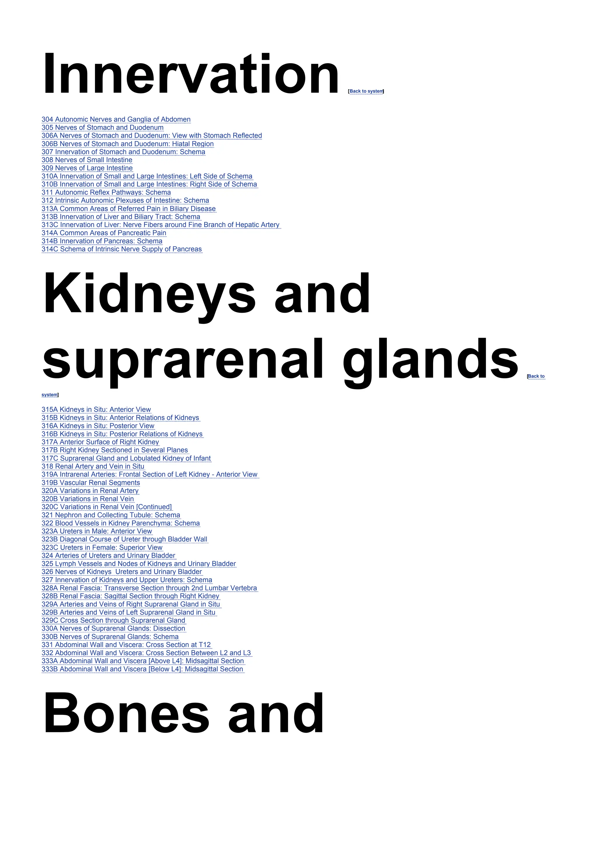 Innervation[Back to system
]
304 Autonomic Nerves and Ganglia of Abdomen
305 Nerves of Stomach and Duodenum
306A Nerves of Stomach and Duodenum: View with Stomach Reflected
306B Nerves of Stomach and Duodenum: Hiatal Region
307 Innervation of Stomach and Duodenum: Schema
308 Nerves of Small Intestine
309 Nerves of Large Intestine
310A Innervation of Small and Large Intestines: Left Side of Schema
310B Innervation of Small and Large Intestines: Right Side of Schema
311 Autonomic Reflex Pathways: Schema
312 Intrinsic Autonomic Plexuses of Intestine: Schema
313A Common Areas of Referred Pain in Biliary Disease
313B Innervation of Liver and Biliary Tract: Schema
313C Innervation of Liver: Nerve Fibers around Fine Branch of Hepatic Artery
314A Common Areas of Pancreatic Pain
314B Innervation of Pancreas: Schema
314C Schema of Intrinsic Nerve Supply of Pancreas
Kidneys and
suprarenal glands[Back to
system]
315A Kidneys in Situ: Anterior View
315B Kidneys in Situ: Anterior Relations of Kidneys
316A Kidneys in Situ: Posterior View
316B Kidneys in Situ: Posterior Relations of Kidneys
317A Anterior Surface of Right Kidney
317B Right Kidney Sectioned in Several Planes
317C Suprarenal Gland and Lobulated Kidney of Infant
318 Renal Artery and Vein in Situ
319A Intrarenal Arteries: Frontal Section of Left Kidney - Anterior View
319B Vascular Renal Segments
320A Variations in Renal Artery
320B Variations in Renal Vein
320C Variations in Renal Vein [Continued]
321 Nephron and Collecting Tubule: Schema
322 Blood Vessels in Kidney Parenchyma: Schema
323A Ureters in Male: Anterior View
323B Diagonal Course of Ureter through Bladder Wall
323C Ureters in Female: Superior View
324 Arteries of Ureters and Urinary Bladder
325 Lymph Vessels and Nodes of Kidneys and Urinary Bladder
326 Nerves of Kidneys Ureters and Urinary Bladder
327 Innervation of Kidneys and Upper Ureters: Schema
328A Renal Fascia: Transverse Section through 2nd Lumbar Vertebra
328B Renal Fascia: Sagittal Section through Right Kidney
329A Arteries and Veins of Right Suprarenal Gland in Situ
329B Arteries and Veins of Left Suprarenal Gland in Situ
329C Cross Section through Suprarenal Gland
330A Nerves of Suprarenal Glands: Dissection
330B Nerves of Suprarenal Glands: Schema
331 Abdominal Wall and Viscera: Cross Section at T12
332 Abdominal Wall and Viscera: Cross Section Between L2 and L3
333A Abdominal Wall and Viscera [Above L4]: Midsagittal Section
333B Abdominal Wall and Viscera [Below L4]: Midsagittal Section
Bones and
 