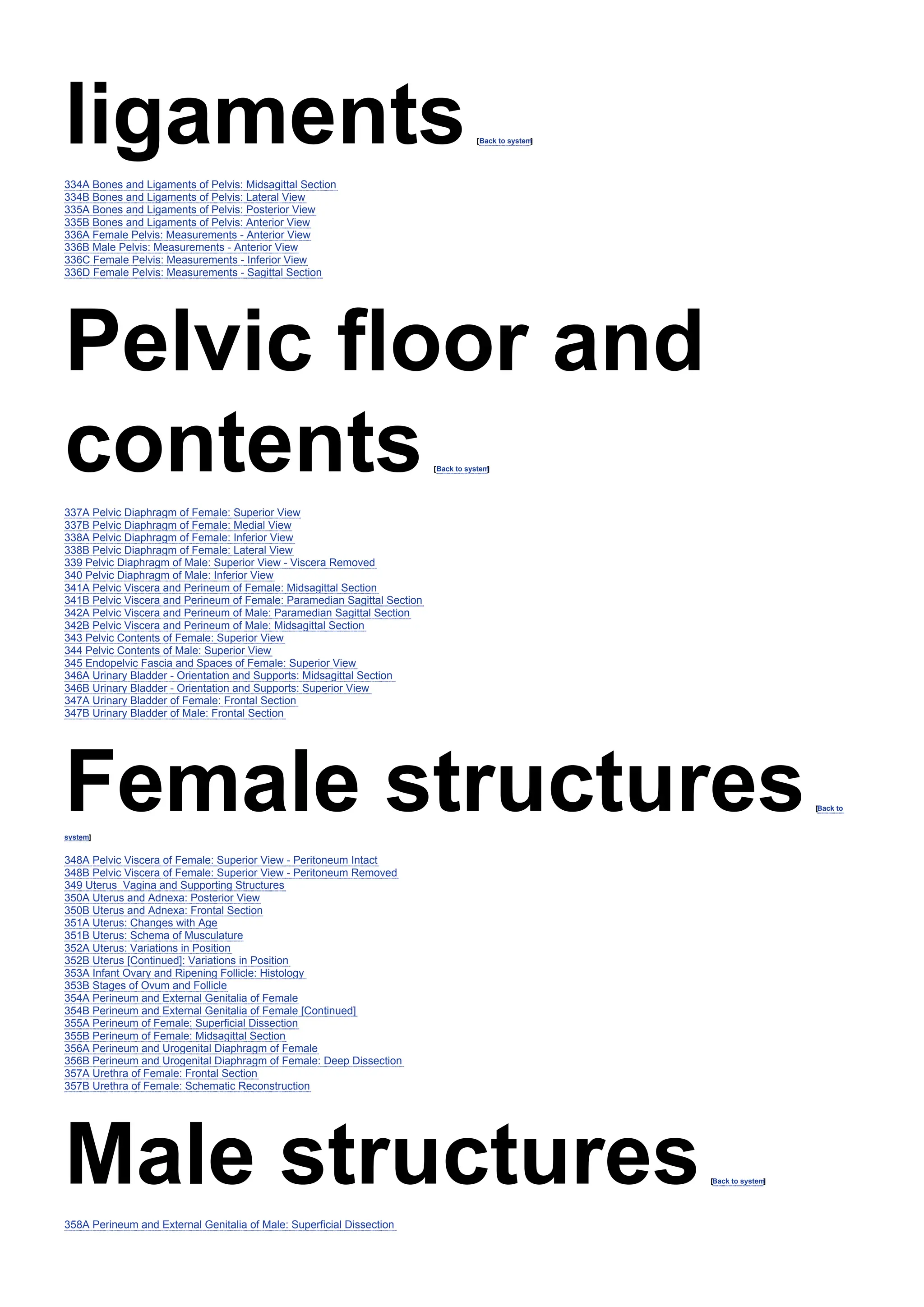 ligaments[Back to system
]
334A Bones and Ligaments of Pelvis: Midsagittal Section
334B Bones and Ligaments of Pelvis: Lateral View
335A Bones and Ligaments of Pelvis: Posterior View
335B Bones and Ligaments of Pelvis: Anterior View
336A Female Pelvis: Measurements - Anterior View
336B Male Pelvis: Measurements - Anterior View
336C Female Pelvis: Measurements - Inferior View
336D Female Pelvis: Measurements - Sagittal Section
Pelvic floor and
contents[Back to system
]
337A Pelvic Diaphragm of Female: Superior View
337B Pelvic Diaphragm of Female: Medial View
338A Pelvic Diaphragm of Female: Inferior View
338B Pelvic Diaphragm of Female: Lateral View
339 Pelvic Diaphragm of Male: Superior View - Viscera Removed
340 Pelvic Diaphragm of Male: Inferior View
341A Pelvic Viscera and Perineum of Female: Midsagittal Section
341B Pelvic Viscera and Perineum of Female: Paramedian Sagittal Section
342A Pelvic Viscera and Perineum of Male: Paramedian Sagittal Section
342B Pelvic Viscera and Perineum of Male: Midsagittal Section
343 Pelvic Contents of Female: Superior View
344 Pelvic Contents of Male: Superior View
345 Endopelvic Fascia and Spaces of Female: Superior View
346A Urinary Bladder - Orientation and Supports: Midsagittal Section
346B Urinary Bladder - Orientation and Supports: Superior View
347A Urinary Bladder of Female: Frontal Section
347B Urinary Bladder of Male: Frontal Section
Female structures[Back to
system]
348A Pelvic Viscera of Female: Superior View - Peritoneum Intact
348B Pelvic Viscera of Female: Superior View - Peritoneum Removed
349 Uterus Vagina and Supporting Structures
350A Uterus and Adnexa: Posterior View
350B Uterus and Adnexa: Frontal Section
351A Uterus: Changes with Age
351B Uterus: Schema of Musculature
352A Uterus: Variations in Position
352B Uterus [Continued]: Variations in Position
353A Infant Ovary and Ripening Follicle: Histology
353B Stages of Ovum and Follicle
354A Perineum and External Genitalia of Female
354B Perineum and External Genitalia of Female [Continued]
355A Perineum of Female: Superficial Dissection
355B Perineum of Female: Midsagittal Section
356A Perineum and Urogenital Diaphragm of Female
356B Perineum and Urogenital Diaphragm of Female: Deep Dissection
357A Urethra of Female: Frontal Section
357B Urethra of Female: Schematic Reconstruction
Male structures[Back to system
]
358A Perineum and External Genitalia of Male: Superficial Dissection
 