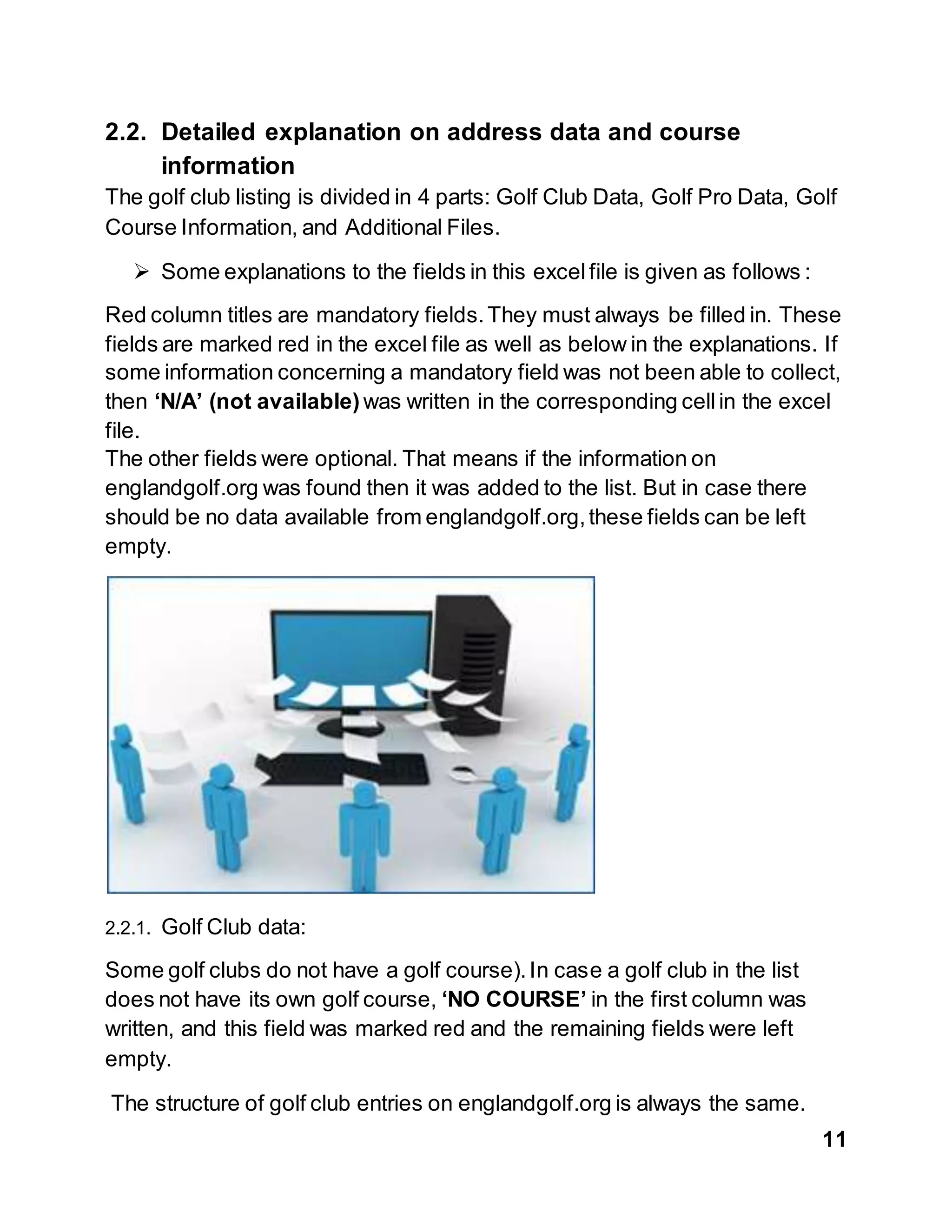 11
2.2. Detailed explanation on address data and course
information
The golf club listing is divided in 4 parts: Golf Club Data, Golf Pro Data, Golf
Course Information, and Additional Files.
 Some explanations to the fields in this excelfile is given as follows :
Red column titles are mandatory fields.They must always be filled in. These
fields are marked red in the excel file as well as below in the explanations. If
some information concerning a mandatory field was not been able to collect,
then ‘N/A’ (not available) was written in the corresponding cellin the excel
file.
The other fields were optional. That means if the information on
englandgolf.org was found then it was added to the list. But in case there
should be no data available from englandgolf.org,these fields can be left
empty.
2.2.1. Golf Club data:
Some golf clubs do not have a golf course).In case a golf club in the list
does not have its own golf course, ‘NO COURSE’ in the first column was
written, and this field was marked red and the remaining fields were left
empty.
The structure of golf club entries on englandgolf.org is always the same.
 