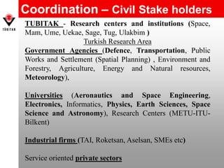 Coordination – Civil Stake holders
TUBITAK - Research centers and institutions (Space,
Mam, Ume, Uekae, Sage, Tug, Ulakbim )
Turkish Research Area
Government Agencies (Defence, Transportation, Public
Works and Settlement (Spatial Planning) , Environment and
Forestry, Agriculture, Energy and Natural resources,
Meteorology),
Universities (Aeronautics and Space Engineering,
Electronics, Informatics, Physics, Earth Sciences, Space
Science and Astronomy), Research Centers (METU-ITU-
Bilkent)
Industrial firms (TAI, Roketsan, Aselsan, SMEs etc)
Service oriented private sectors
 